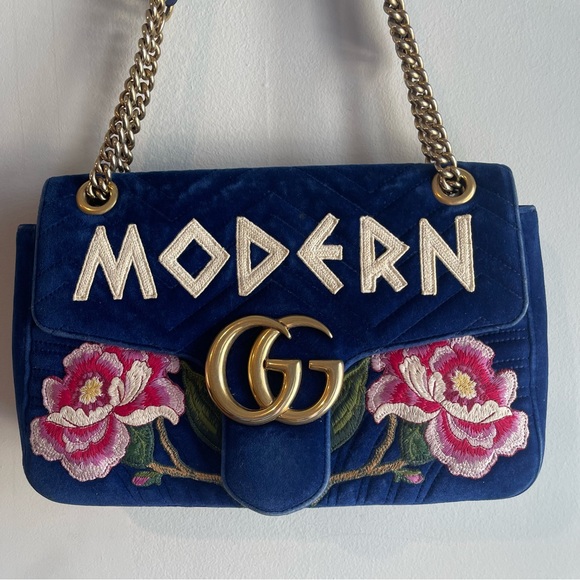 Gucci Handbags - Gucci Blue Quilted Velvet Embroidered MODERN Medium Marmont Bag - Preowned